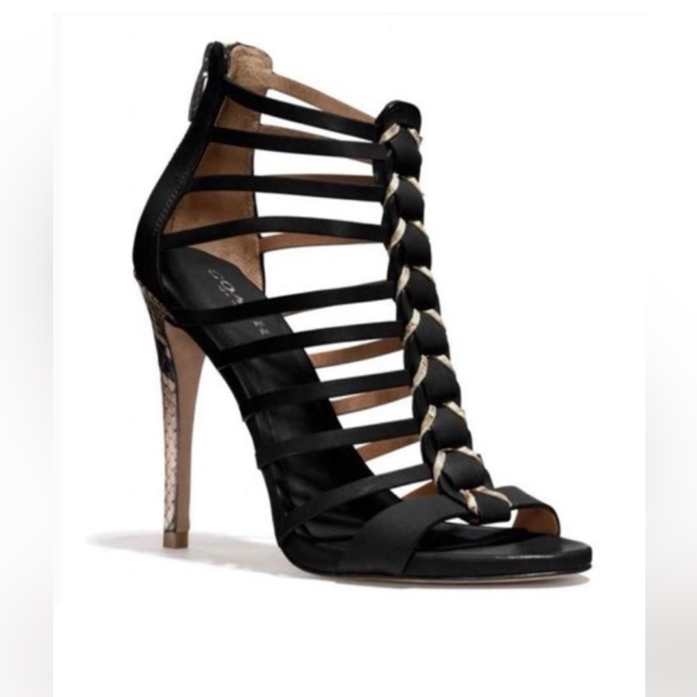 Coach Sz 7 leather Black / animal print Strappy sandal heels